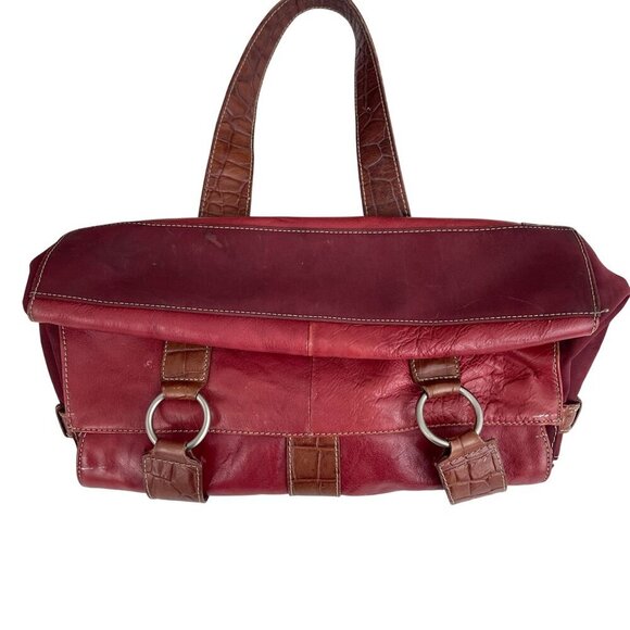 Franco Sarto Red Leather Embossed Brown Trim Shoulder Bag Dual Straps Buckle - Picture 8 of 16